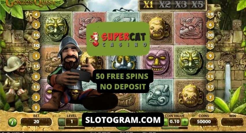 50 darmowych spinów na automacie Gonzo's Quest w kasynie Super Cat na zdjęciu.