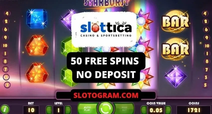50 безкоштовних обертань в слоті Starburst в казино Slottica на світлині.