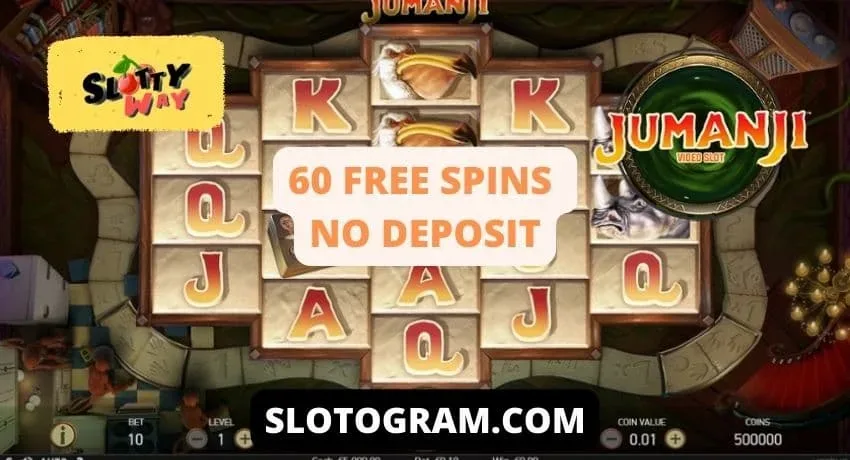 60 senpagaj spinoj en fendo Jumanji al la kazino Slotty Way sur la bildo.