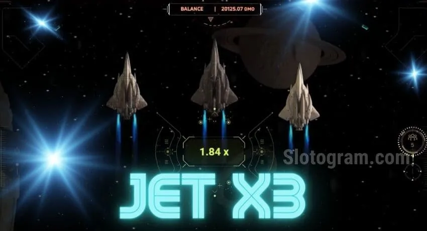 Скриншот JetX3, на котором космический корабль едва избегает взрыва в огненной космической битве