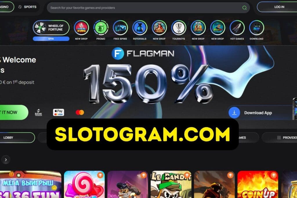 Крупный баннер приветственного бонуса 150% на сайте онлайн-казино Flagman. Также видны кнопки "Скачать приложение", меню игровых провайдеров и иконки популярных слотов.