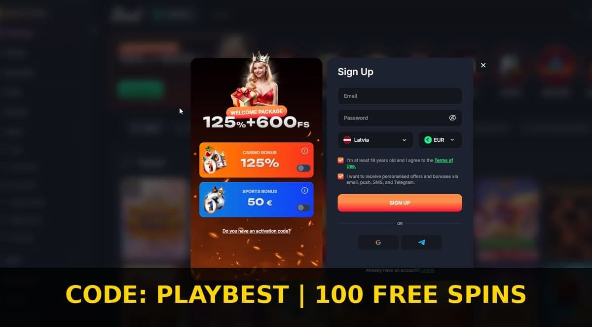 Страница регистрации в ново казино Beef, где можно получить 100 бесплатных вращений без депозита для с промо кодом PLAYBEST для игроклв Украины, России и Казахстана!