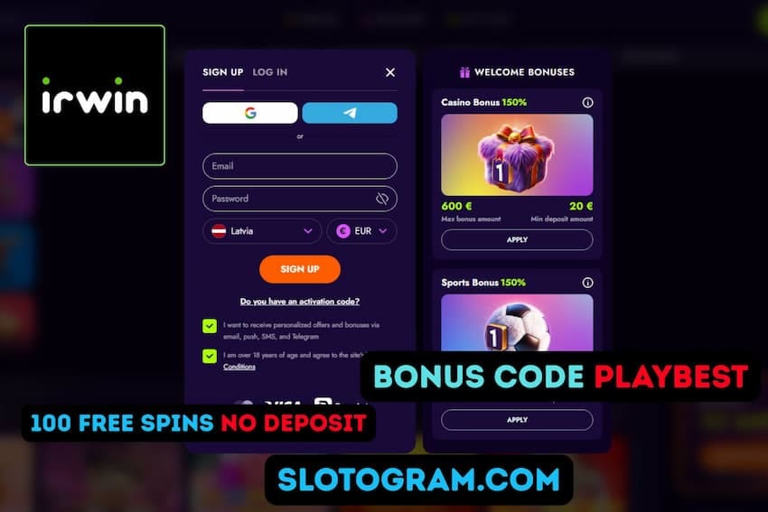 Окно регистрации в казино Ирвин: ввод email, пароля и выбор валюты счета.