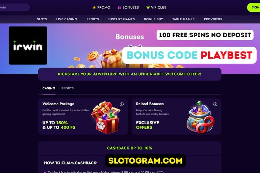 Приветственный бонус Irwin Casino: 100 бесплатных вращений и проценты на первый депозит.