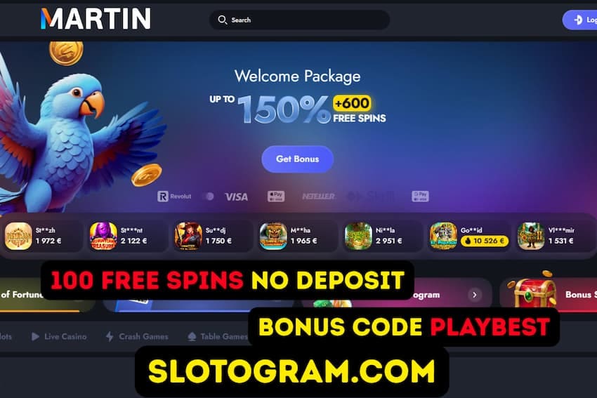 Главная страница официального сайта Martin Casino с баннером приветственного бонуса 225% и 600 фриспинов, а также навигационным меню.
