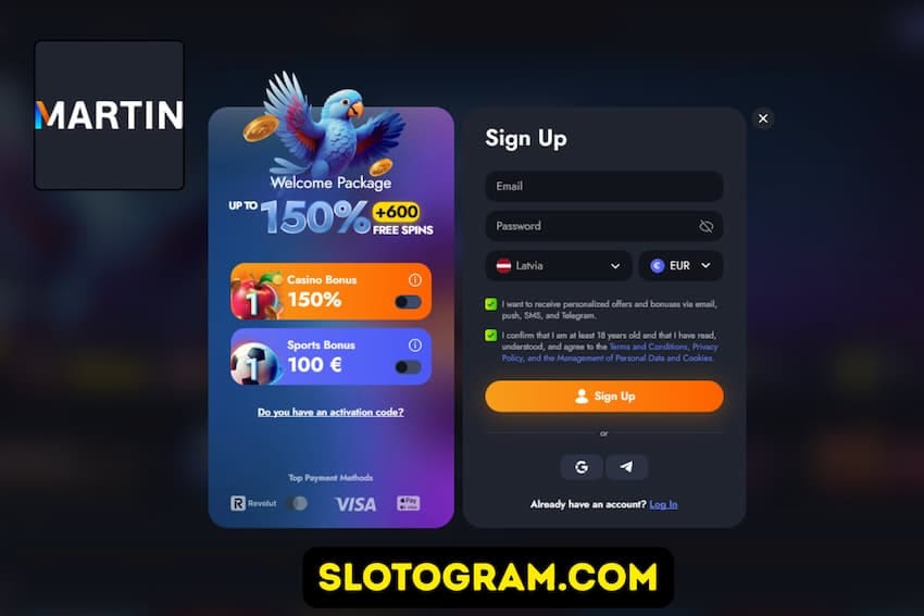 Форма регистрации в казино Martin и бонусы для новых игроков.