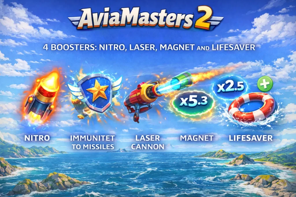 AviaMasters 2 четыре бустера: Нитро иммунитет к ракетам Лазерная Пушка уничтожает ракеты Магнит притягивает множители Спасательный Круг второй шанс после воды