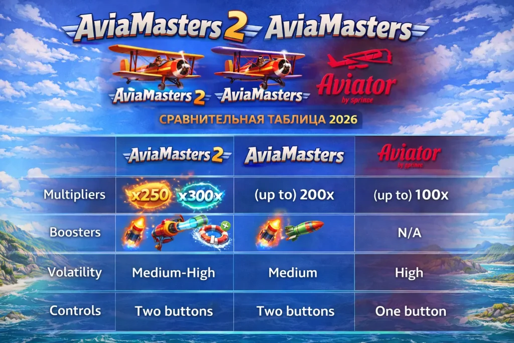 Сравнение AviaMasters 2 AviaMasters и Aviator — таблица отличий по множителям бустерам волатильности и управлению