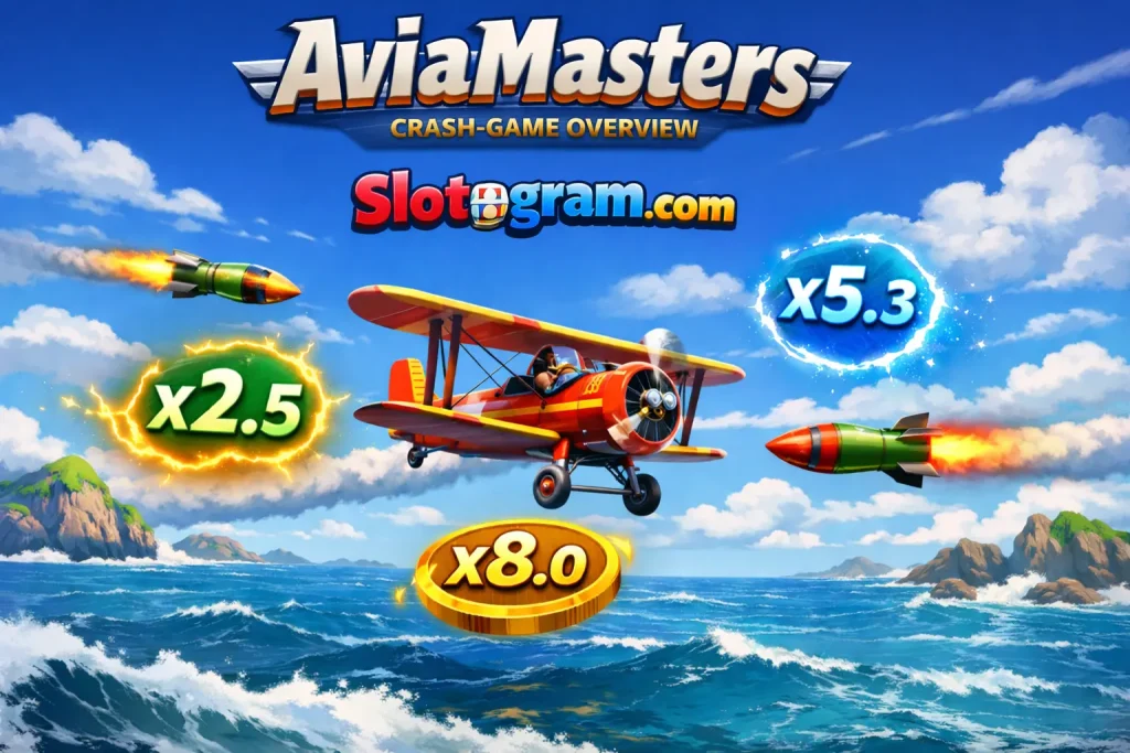 AviaMasters от BGaming — игровой процесс: биплан летит над океаном собирая множители и уклоняясь от ракет