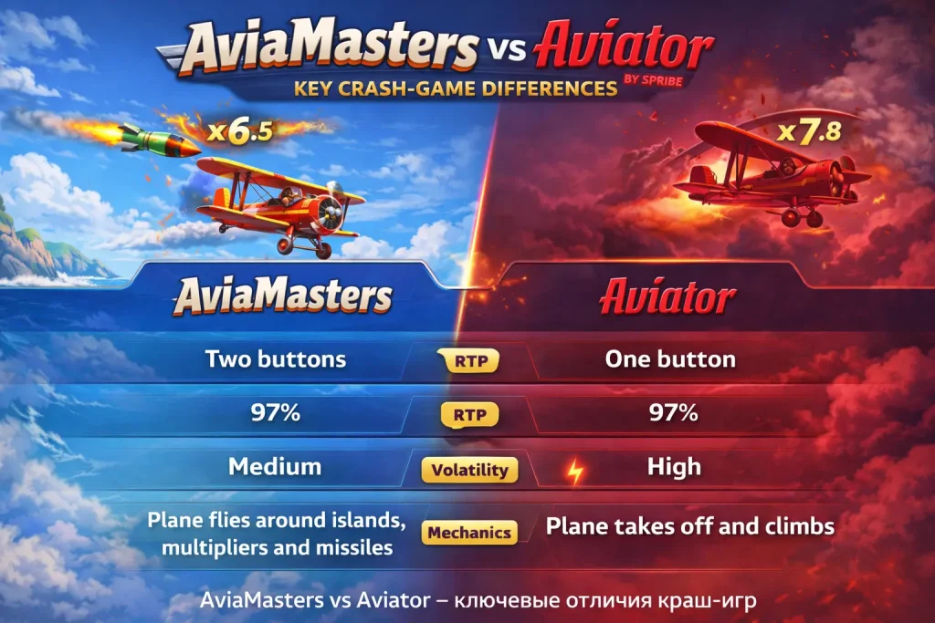 Сравнение AviaMasters и Aviator от Spribe — таблица отличий по управлению RTP волатильности и механике