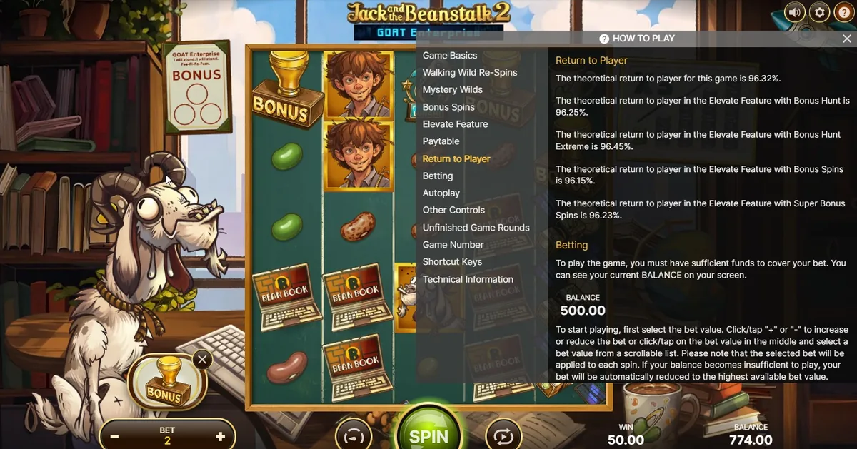 Экран правил Jack and the Beanstalk 2 с указанием RTP